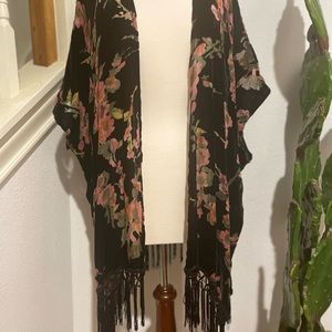 Xhilaration Burn Out Floral Velvet Fringe Open Kimono Cardigan in Size XL/XXL